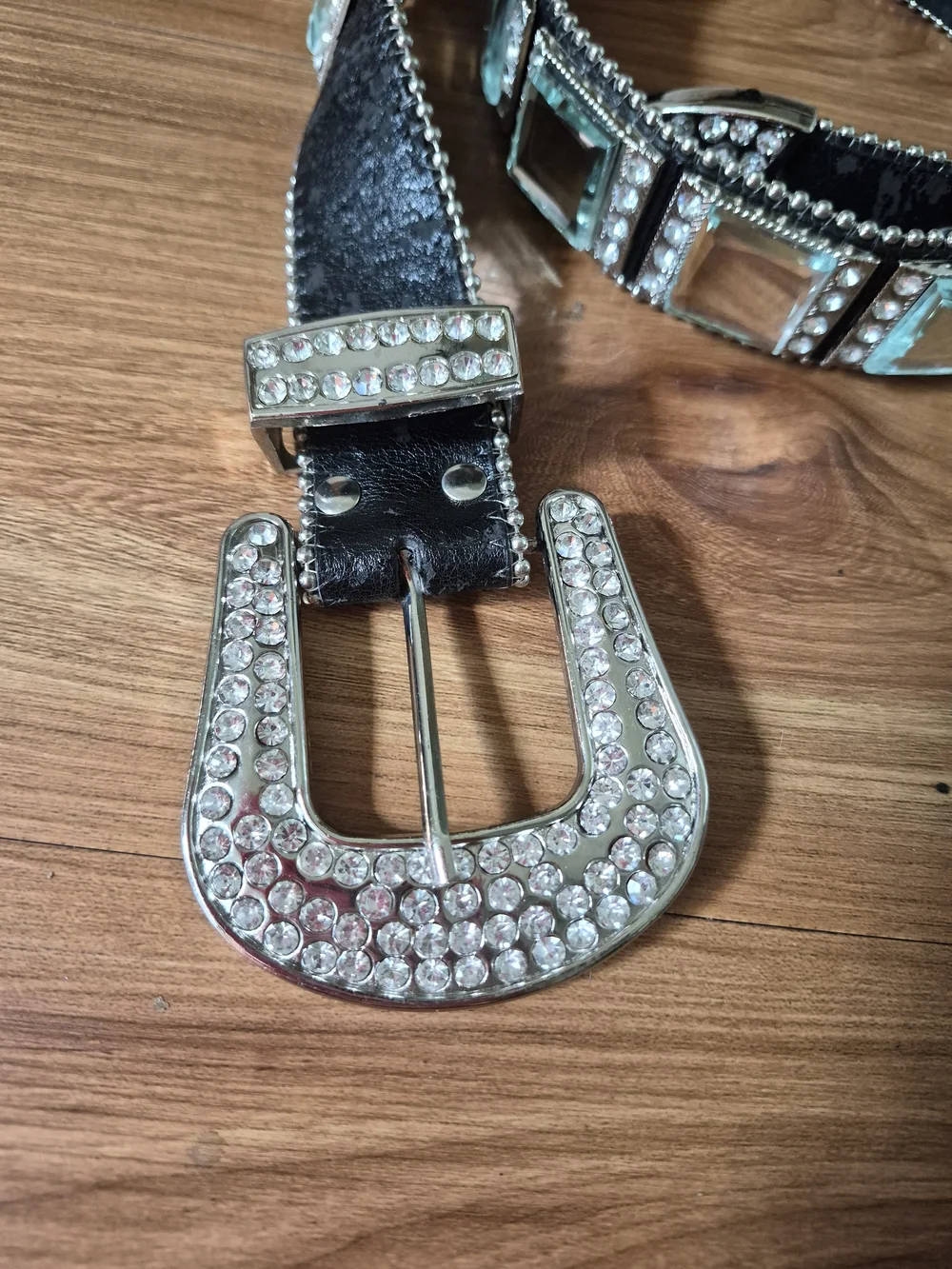Leather Rhinestone Mirrored Silver Western Belt Size Small-Medium